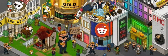 A colorful pixel-art street scene satirizes Wall Street, featuring a central character holding a "REGARD" sign amid meme references like "$GME," "INFLATION," "TENNIES," "AMC," and a giant Reddit mascot. The image visually echoes the post's promotion of the $REGARD ticker, framing it within the broader chaotic landscape of meme-driven, retail-trader culture.