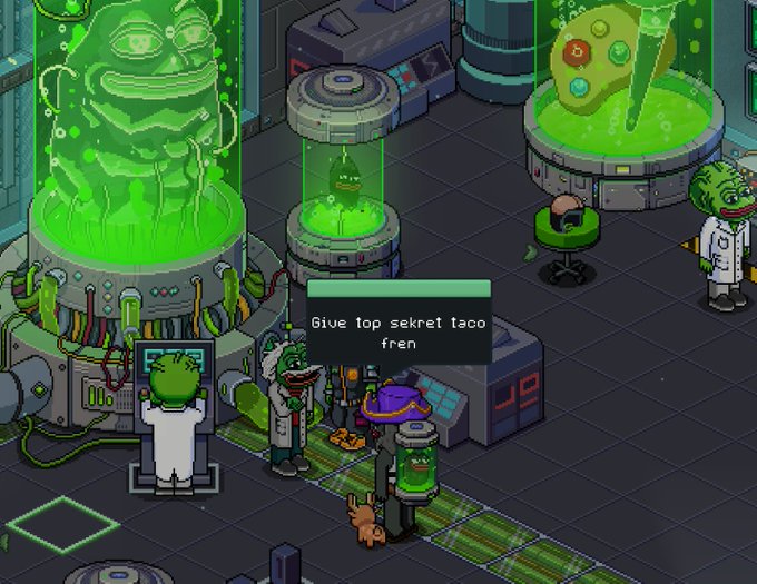 A pixel art video game screenshot showing a laboratory with green liquid in containment pods, frog-like scientists, and a speech bubble reading 'Give top sekret taco fren'.