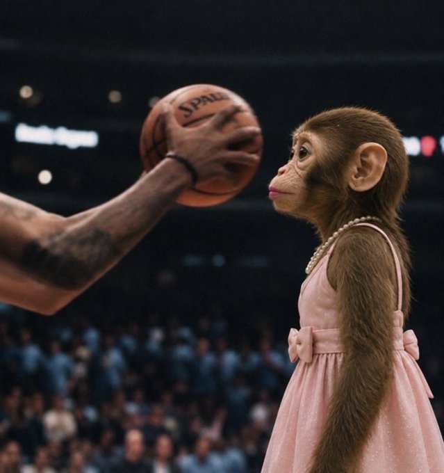 A small monkey dressed in a pink gown and pearl necklace stares intently at a basketball held by a tattooed hand in an arena, with "SPALDING" visible on the ball. The image humorously brings to life the "apewif dress" meme, embodying the fearless, surreal spirit of the post's declaration that nothing can shake the tiny, elegantly dressed ape.