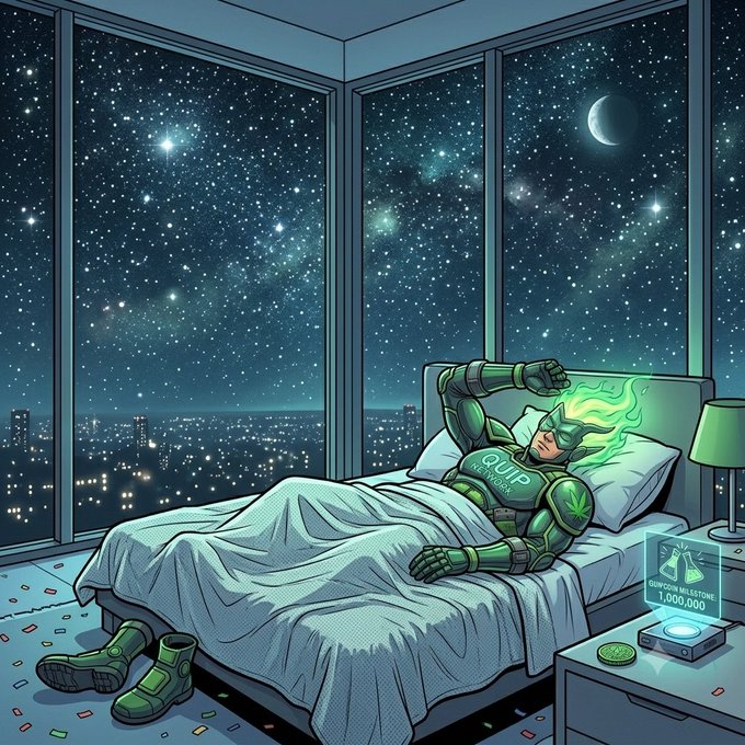 A digital illustration of a green-haired superhero in armor lying in bed by a window with a starry night sky and city view, with 'EQUIP NETWORK' on the suit and a '1,000,000' milestone display on the nightstand.