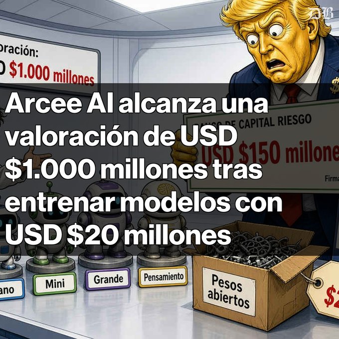 A Spanish-language graphic reading 'Arcee AI alcanza una valoración de USD $1.000 millones tras entrenar modelos con USD $20 millones,' with an illustration of Donald Trump and robots labeled 'Grande', 'Pensamiento', and 'Pesos abiertos'.