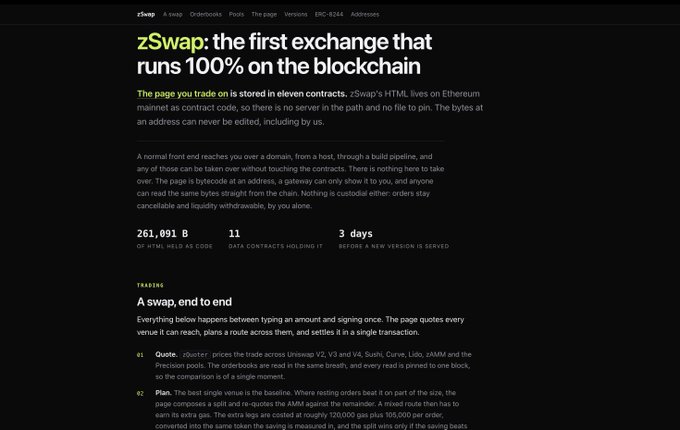 The image shows the zSwap documentation page, featuring the tagline "zSwap: the first exchange that runs 100% on the blockchain" and highlighting key stats including 261,091 B of HTML/code, 11 data contracts, and a 3-day serving time before updates are required.