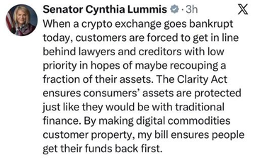 A screenshot of a tweet by Senator Cynthia Lummis discussing The Clarity Act and customer protection in crypto exchange bankruptcies.