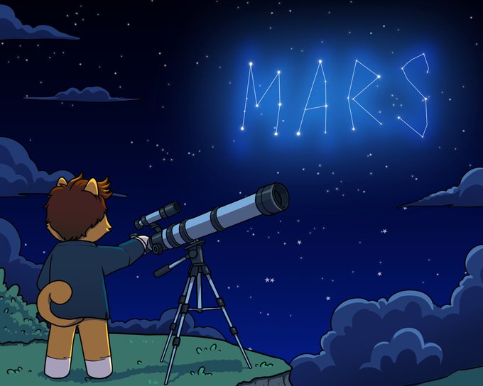 The image features a cartoon dog standing on a hill, looking up at the night sky through a telescope. Above them, there are stars scattered across the sky, creating an enchanting atmosphere for stargazing. The caption "Star gazing looks good here" suggests that the scene is visually appealing and captures the essence of star gazing in a whimsical way.