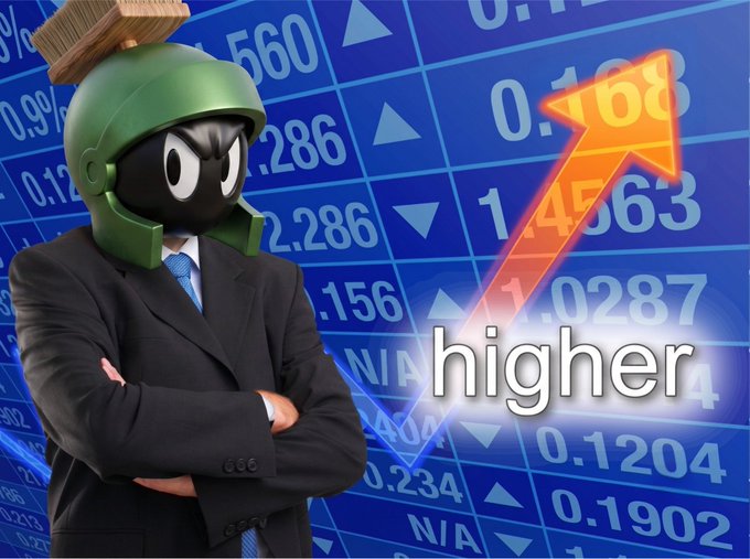 A figure with a Marvin the Martian-style helmet wearing a business suit with crossed arms, set against a stock market chart background showing an orange upward arrow and the word 'higher'.