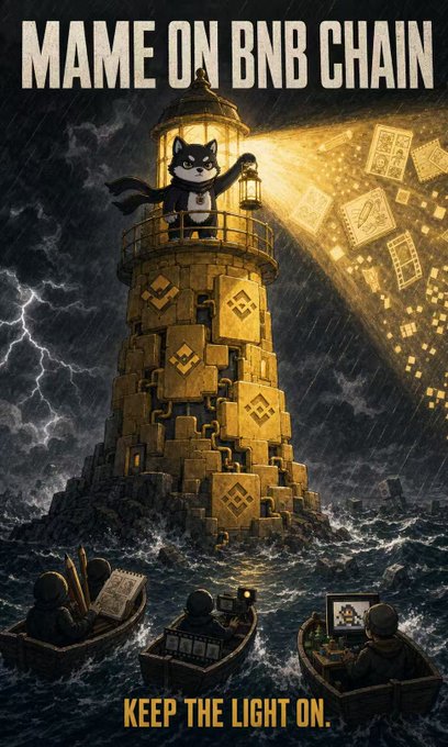 The image is a promotional poster titled "MAME ON BNB CHAIN" with the tagline "KEEP THE LIGHT ON." at the bottom. It depicts a Shiba Inu mascot dressed as a lighthouse keeper atop a Binance (BNB) logo-covered lighthouse, illuminating a stormy sea where small boats of crypto traders navigate, symbolizing the project's role as a steady guiding light for the community during turbulent market conditions.