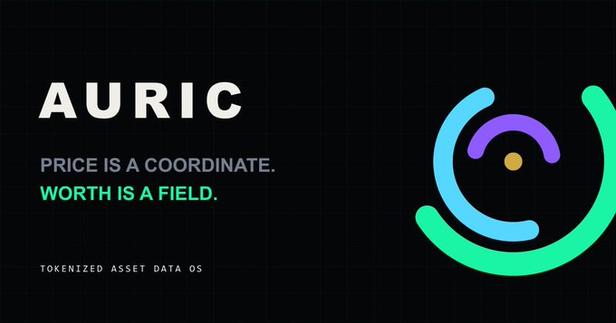 Promotional graphic for AURIC, featuring the text 'PRICE IS A COORDINATE. WORTH IS A FIELD.' and 'TOKENIZED ASSET DATA OS' next to a colorful concentric circular logo on a black grid background.