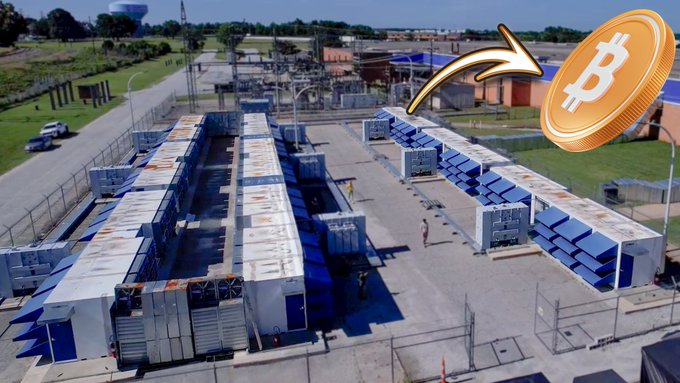An industrial mining facility is shown with rows of white and blue shipping containers housing Bitcoin mining equipment, overlaid with a golden Bitcoin symbol and an arrow pointing to the operation. Two small figures can be seen working among the containers, reflecting the post's message highlighting the unseen engineers who hand-repair miners chip-by-chip to maintain the facility's hashrate.
