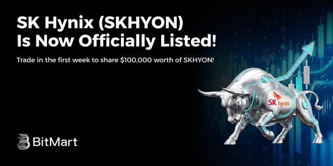 The image announces that SK Hynix (SKHYON) is now officially listed on BitMart with launch-exclusive rewards, promoting trading to share $100,000 worth of SKHYON. The image features a bull, symbolizing a bullish market trend for the SKHYON listing, along with the SK Hynix logo.
