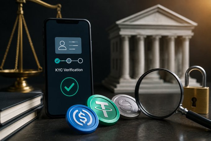 A digital illustration depicting KYC verification on a smartphone screen, surrounded by cryptocurrency coins, a magnifying glass, padlock, scales of justice, and a courthouse.