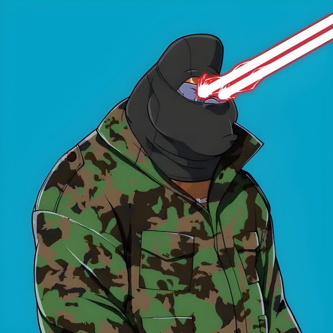 An illustration of a figure in a black ski mask and camo jacket shooting red laser beams from his eyes against a teal background.