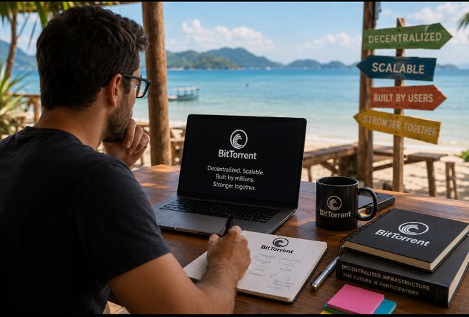 A man sits at a beachside wooden desk working on a laptop displaying the BitTorrent logo alongside the tagline "Decentralized. Scalable. Built by millions. Stronger together," with a matching branded mug and book nearby, while directional signs behind him reinforce the words "Decentralized," "Scalable," and "Built by Users." The image visually echoes the post's theme of BitTorrent's deeper legacy—transforming the internet's architecture through decentralization rather than just enabling file sharing.
