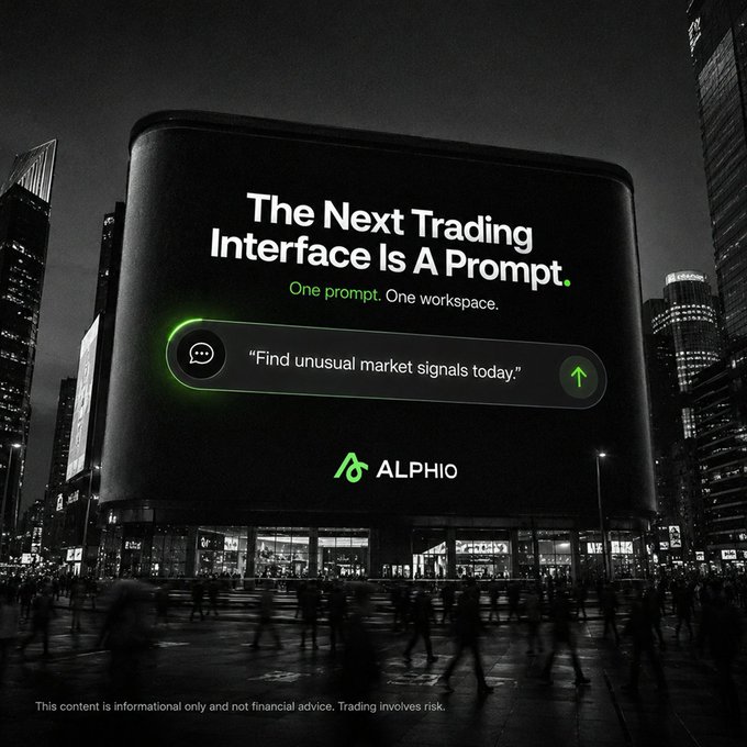 A billboard advertisement for 'ALPHIO' on a city building at night, reading 'The Next Trading Interface Is A Prompt. One prompt. One workspace.' with a sample prompt 'Find unusual market signals today.'
