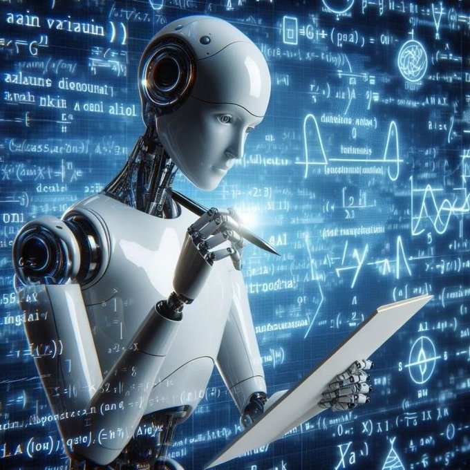 A futuristic white humanoid robot holding a stylus and tablet, surrounded by floating mathematical equations and formulas on a blue background.