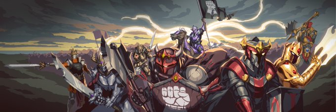 A fantasy illustration featuring a group of armored warriors and knights standing together, with a flag bearing a fist emblem, set against a dramatic stormy sky.