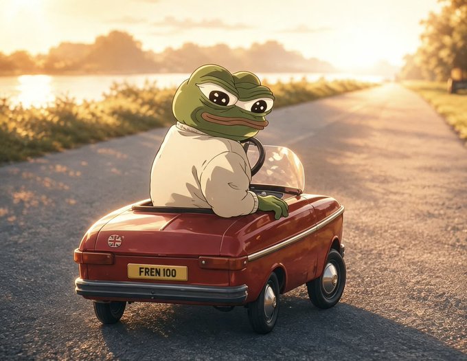 An animated Pepe the Frog character wearing a white robe drives a red vintage-style convertible car with license plate 'FREN 100' down a sunlit country road.