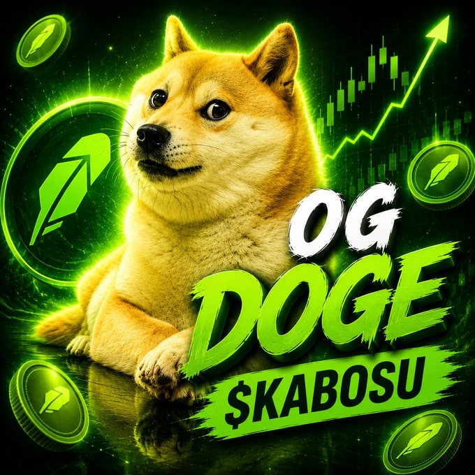 A digital meme graphic featuring a Shiba Inu dog with the text "OG DOGE" and "$KABOSU" overlaid on a green background with rocket and chart imagery.