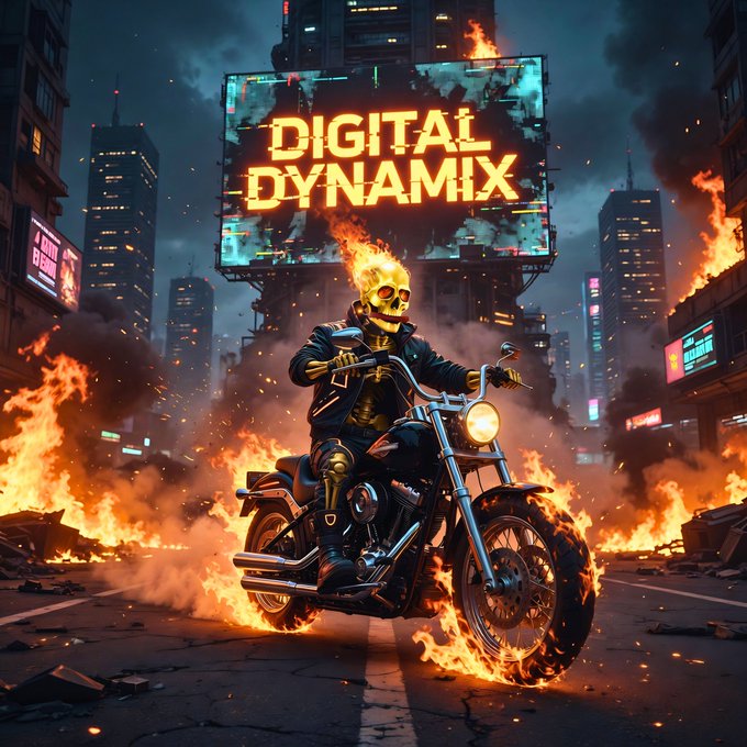 A fiery digital artwork showing a flaming skeleton in a leather jacket riding a motorcycle down a burning city street beneath a billboard reading 'DIGITAL DYNAMIX'.