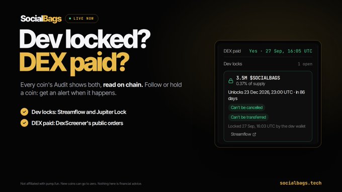 A promotional graphic for "SocialBags" service asking "Dev locked? DEX paid?" and advertising tools like "Streamflow and Jupiter Lock" and "DexScreener's public orders."