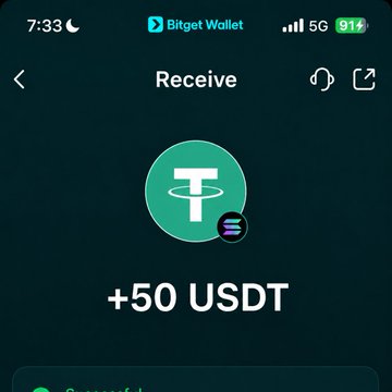 A screenshot of the Bitget Wallet app's "Receive" screen displays a Tether (USDT) icon with "+50 USDT" indicating a free crypto reward. The image illustrates the "$50 USDT" promotion mentioned in the post, likely suggesting recipients can receive this amount through the linked AiXFunded challenge.