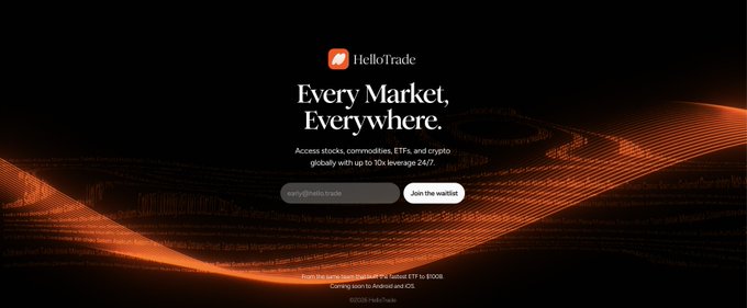 The image shows an email signup page for an online trading platform named "HelloTrade". It features a large orange logo at the top of the page, creating a visually striking design. The content displays that the platform allows users to access various market data sources, such as cryptocurrencies like Bitcoin and Ethereum, which are available on their website or mobile app. Additionally, there is a button in the middle of the signup form indicating the availability of account balances for trading purposes. Overall, the image conveys an inviting atmosphere with a focus on user experience and convenience when it comes to investing in cryptocurrency markets.