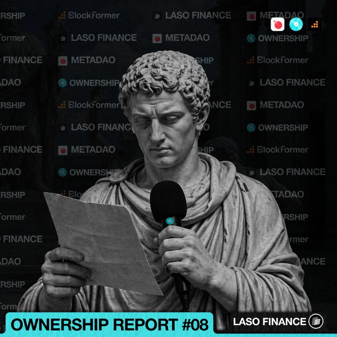 The image features a statue of a man holding a piece of paper, possibly a book or script, with his hands raised as if he's reading from it. The background behind him displays various text related to ownership reports and cryptocurrency. The caption below the image reads "Ownership Report #8 Today, @LasoFinance founder of @MetaDAOProject Starting at 7PM UTC Hosted by @8bitpenis Produced by @BlockformerLLC".