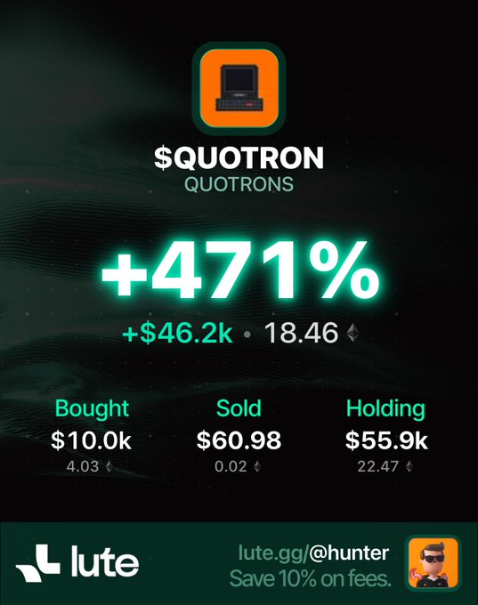 A promotional graphic for Lute shows portfolio performance for the $QUOTRON token, displaying a +471% gain (+$46.2k) with $60.98 sold and $55.9k still holding. This visually supports the post's boast of "$66k in profit in 2 days," though the image actually shows $46.2k in realized gains—aligning more with the "missing some zeros" self-deprecating humor about the smaller-than-claimed profits.