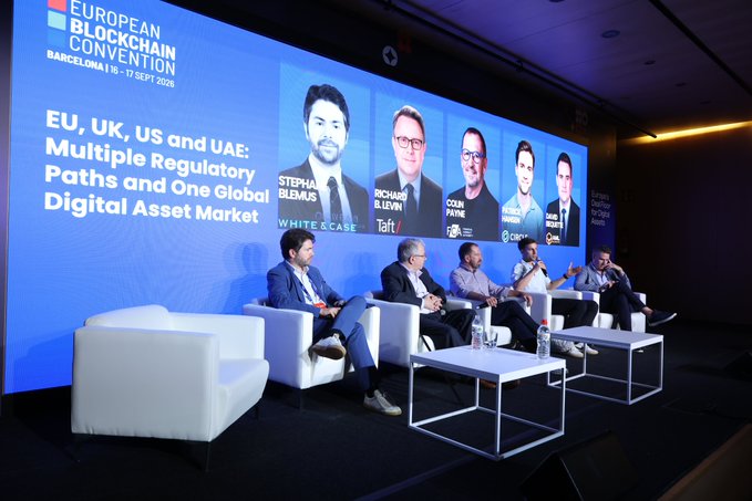 A panel discussion at the European Blockchain Convention in Barcelona (15-17 Sept 2026) titled "EU, UK, US and UAE: Multiple Regulatory Paths and One Global Digital Asset Market," featuring speakers Stephan Blemus (White & Case), Richard Levin, Colin Paine, and others.