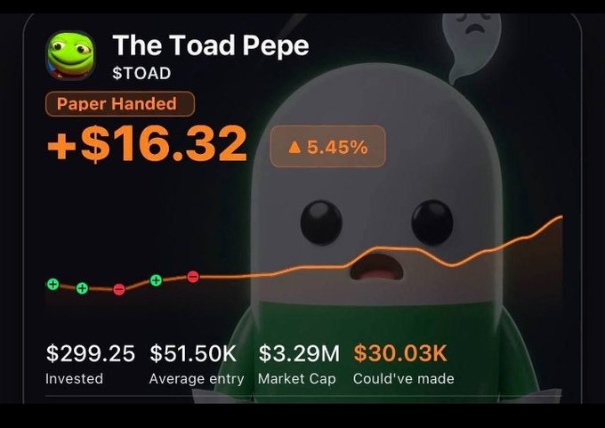A crypto portfolio card for 'The Toad Pepe' ($TOAD) labeled 'Paper Handed,' showing a gain of +$16.32 (5.45%), with $299.25 invested, $51.50K average entry, $3.29M market cap, and $30.03K potential profit, featuring a sad ghost-like Pepe character.