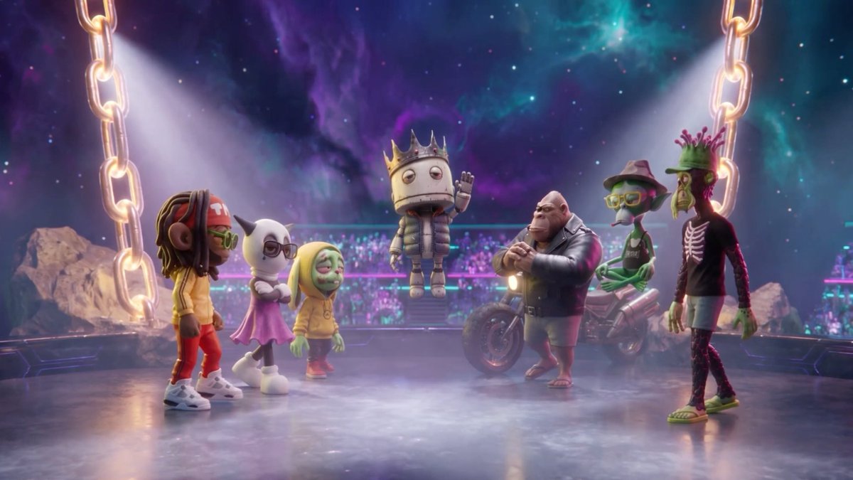 A vibrant 3D digital illustration depicting a group of quirky, stylized characters—including figures in animal masks, a crowned head, a gorilla in a leather jacket, and a skeleton-like figure—standing on a stage illuminated by spotlights against a cosmic, starry background.