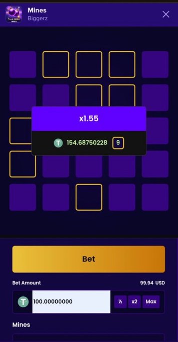A screenshot of the 'Mines' game by Biggerz on a gambling platform, showing a 5x5 grid with selected cells, an 'x1.55' multiplier, and a bet amount of 100.00000000 USD with a balance of 99.94 USD.