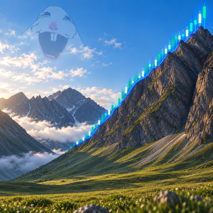 A serene mountain landscape features rugged peaks rising above a lush green valley, overlaid with an upward-trending stock chart and a faint cartoon face in the sky. The image humorously captures the "touch grass" sentiment, suggesting that after stepping outside, the trader's mind couldn't help but return to watching green market gains climbing endlessly over the peaks.