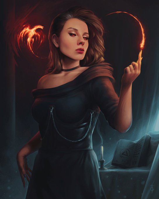 The image features a woman dressed in black, holding a flaming torch or lighter with her right hand while wearing a dress that appears to be made of chains. The background includes a dark room with a book placed on a table next to the woman. The caption at the bottom of the image reads "Make #TezosTuesday great again! The Art of Burning Light".