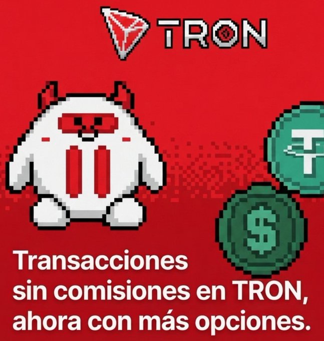 A promotional graphic featuring the 'TRON' cryptocurrency logo and text in Spanish reading 'Transacciones sin comisiones en TRON, ahora con más opciones.'
