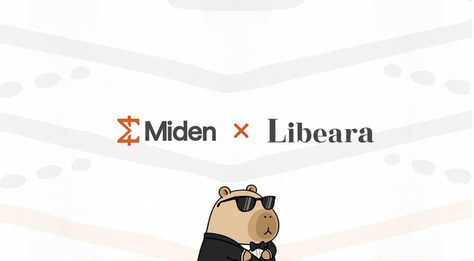 A promotional graphic featuring the logos "Miden × Libeara" with a cartoon bear wearing sunglasses and a tuxedo against a striped background.