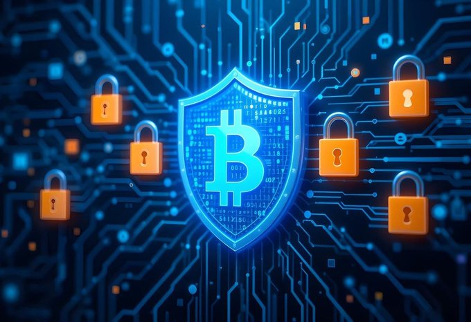 A digital illustration of a glowing blue Bitcoin symbol on a shield, surrounded by orange padlocks set against a dark blue circuit board background.