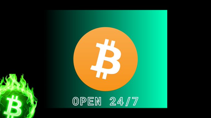 A graphic features a Bitcoin logo inside an orange circle on a green background with the text 'OPEN 24/7', accompanied by a flaming green Bitcoin logo in the bottom left corner.