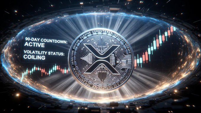 Cryptocurrency graphic featuring the XRP coin with text '90-DAY COUNTDOWN: ACTIVE' and 'VOLATILITY STATUS: COILING' alongside a candlestick chart.
