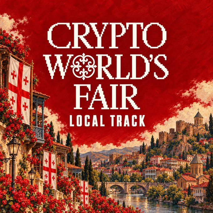 A red-themed event poster titled 'CRYPTO WORLD'S FAIR LOCAL TRACK' featuring a Georgian landscape with red crosses flags, a stone bridge, and a fortress city.