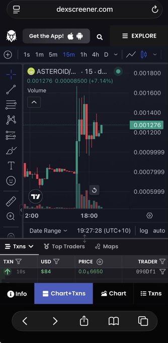 The image shows a DextScreener chart for the token ASTEROID (ASTER0ID)... on a 15-minute timeframe, displaying a volatile price pattern with a recent green candle spike pushing the price up 7.14% to 0.001276, alongside a volume bar chart highlighting notable trading activity. This visual supports the post's hype about upcoming price action by showcasing the token's sudden upward momentum and increased volume.