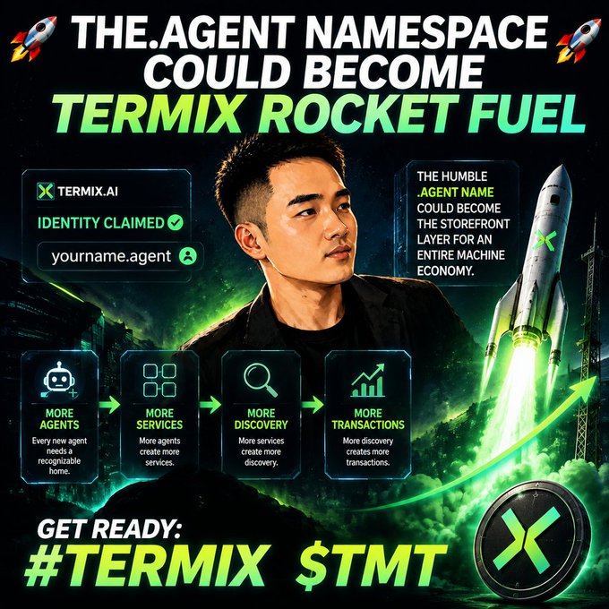 A promotional graphic for Termix featuring text that reads 'THE.AGENT NAMESPACE COULD BECOME TERMIX ROCKET FUEL' and 'GET READY: #TERMIX $TMT', alongside an image of a person, a launching rocket, and the Termix.AI logo.