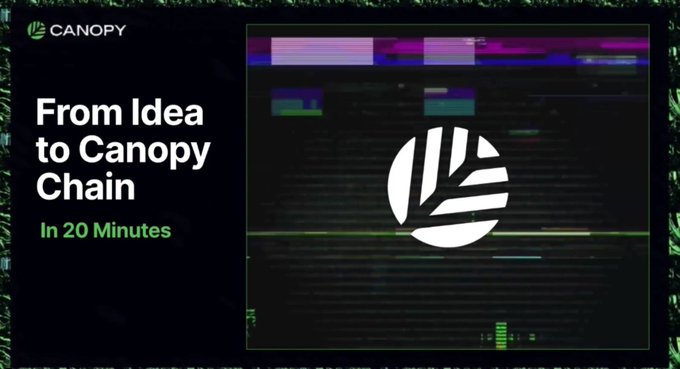 A dark presentation slide titled "From Idea to Canopy Chain In 20 Minutes" with the Canopy logo and a stylized white leaf graphic.