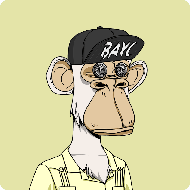 A cartoon illustration of a Bored Ape-style monkey character wearing a black cap with 'BAYC' logo and round goggles.