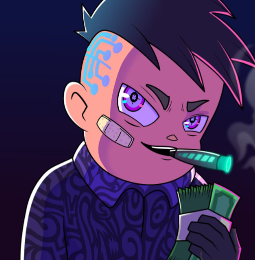 A stylized cartoon avatar of a spiky-haired character with purple eyes, a glowing cyan forehead symbol, and a bandaged cheek, holding cash and a cigar, accompanies a promotional post teasing the PoweredByVolt NFT collection on Robinhood/OpenSea, which promises embedded token vaults and reward flows.