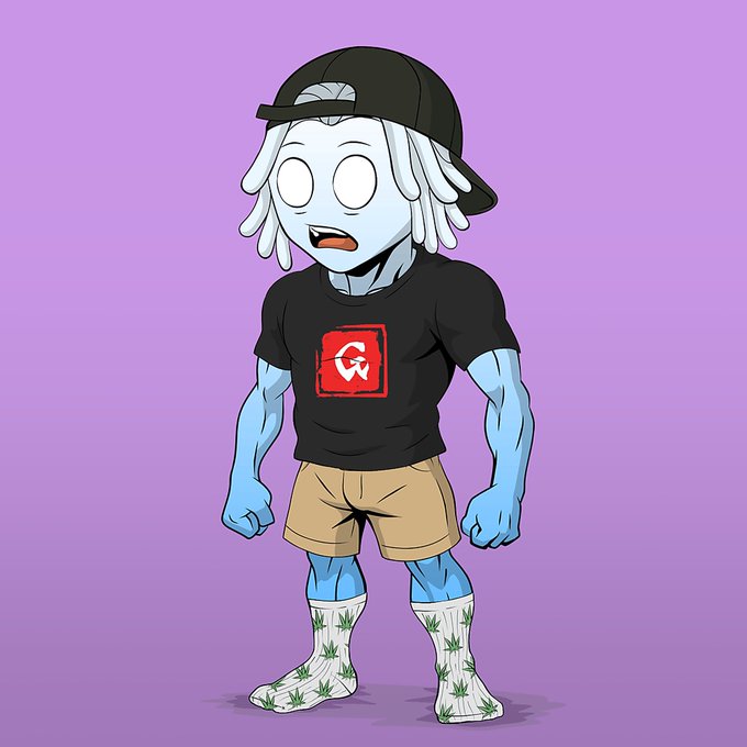 A cartoon illustration of a blue-skinned character with dreadlocks, wearing a black cap, a black t-shirt with a red logo, tan shorts, and white socks with green leaf patterns.