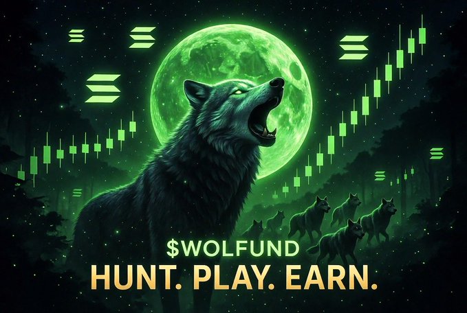 A crypto-themed graphic featuring a large howling wolf silhouetted against a glowing green full moon, surrounded by a pack of wolves, Solana ($SOL) logos, and green candlestick charts, with the text '$WOLFUND HUNT. PLAY. EARN.'