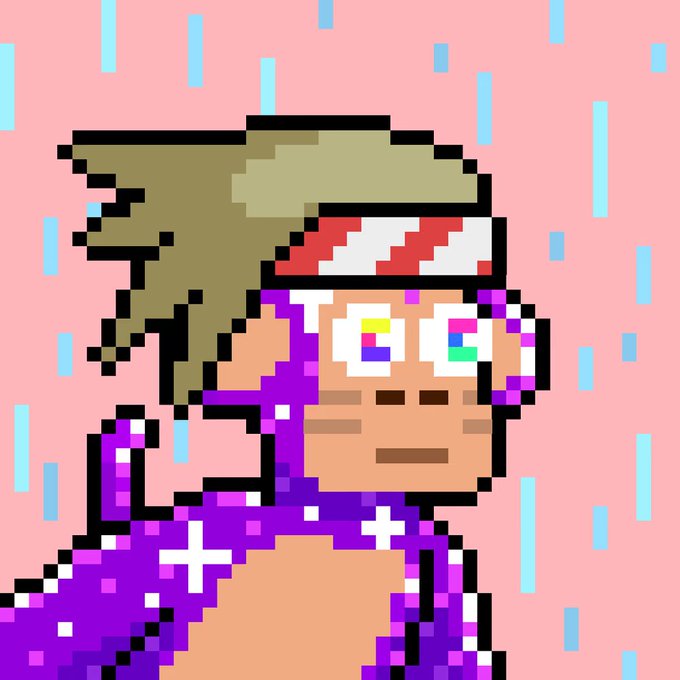 A pixel art illustration of a character with blonde hair, wearing a red and white headband and large pixelated sunglasses, set against a pink background with light blue rain streaks.