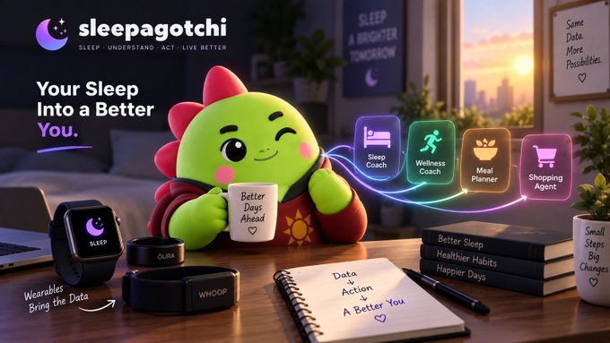 A 'sleepagotchi' promotional image featuring a green dinosaur mascot holding a 'Better Days Ahead' mug, surrounded by feature icons for Sleep Coach, Wellness Coach, Meal Planner, and Shopping Agent.