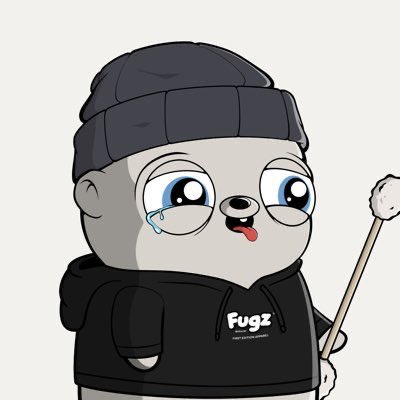 A digital cartoon illustration of a gray, seal-like character with big teary eyes wearing a black beanie and a hoodie labeled 'Fugz', while holding a drumstick.