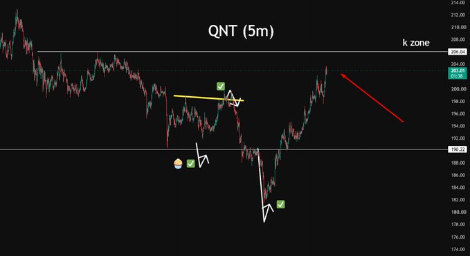 A financial candlestick chart titled 'QNT (5m)' showing price action with annotations including a 'k zone,' checkmarks, an arrow, and price points like 206.04, 203.21, and 190.22.